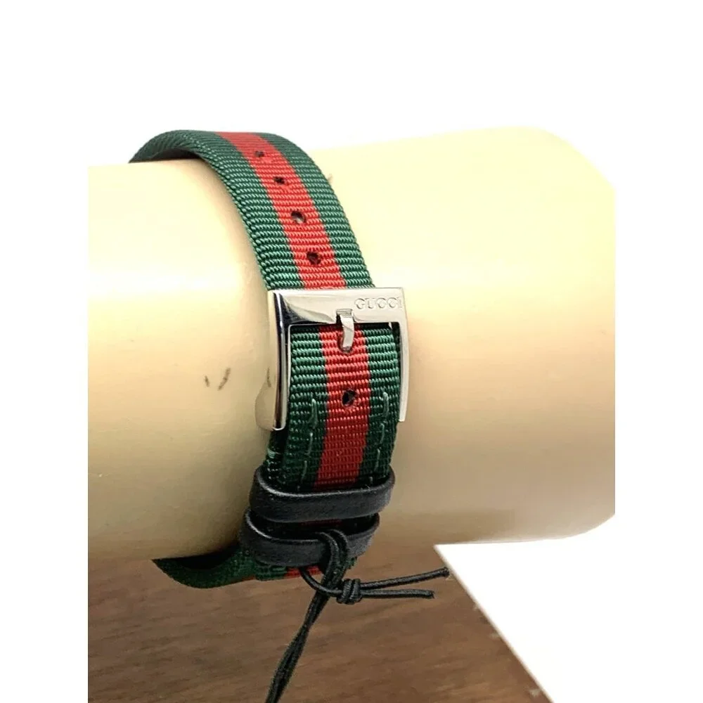 Gucci Women's Watch YA147408 G-Frame Green Red Dial Swiss Quartz Tank Nylon Band